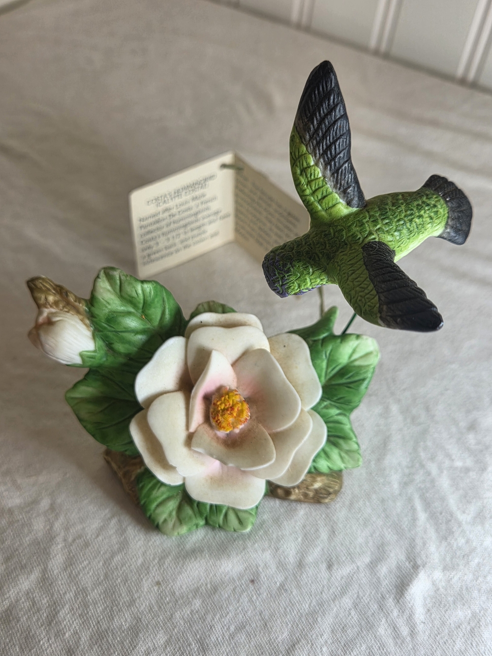Porcelain Floral Bird Figurine - Green Hummingbird Decorative Accent